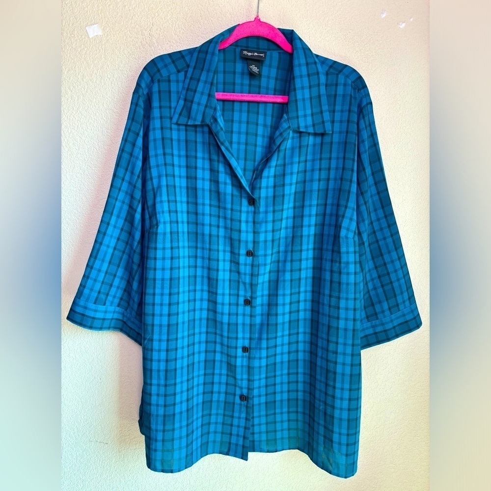 Maggie Barnes Teal Blue Black Plaid Check 3/4 Sleeve Button Up Blouse 2X 22/24W - Picture 1 of 7